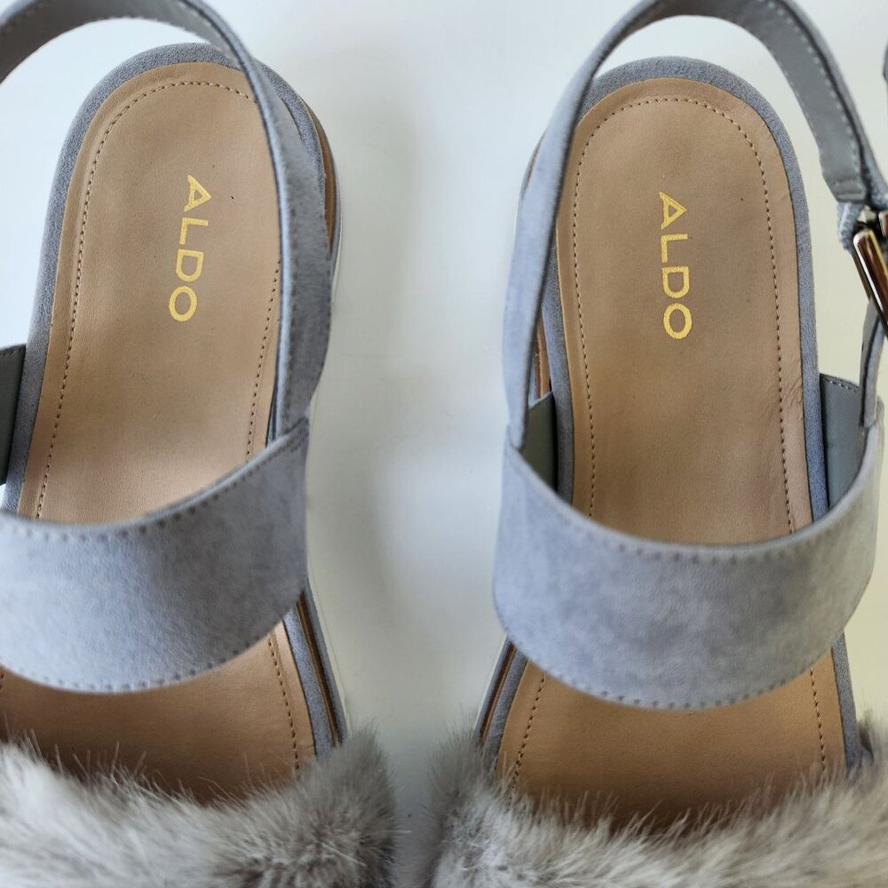 Aldo Gray Faux Fur Platform Sandals Suede Summer Casual Party Glam Pretty Cute - Picture 6 of 10